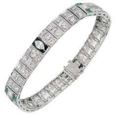 Art Deco Emerald Black Enamel Diamond Platinum Bracelet 9