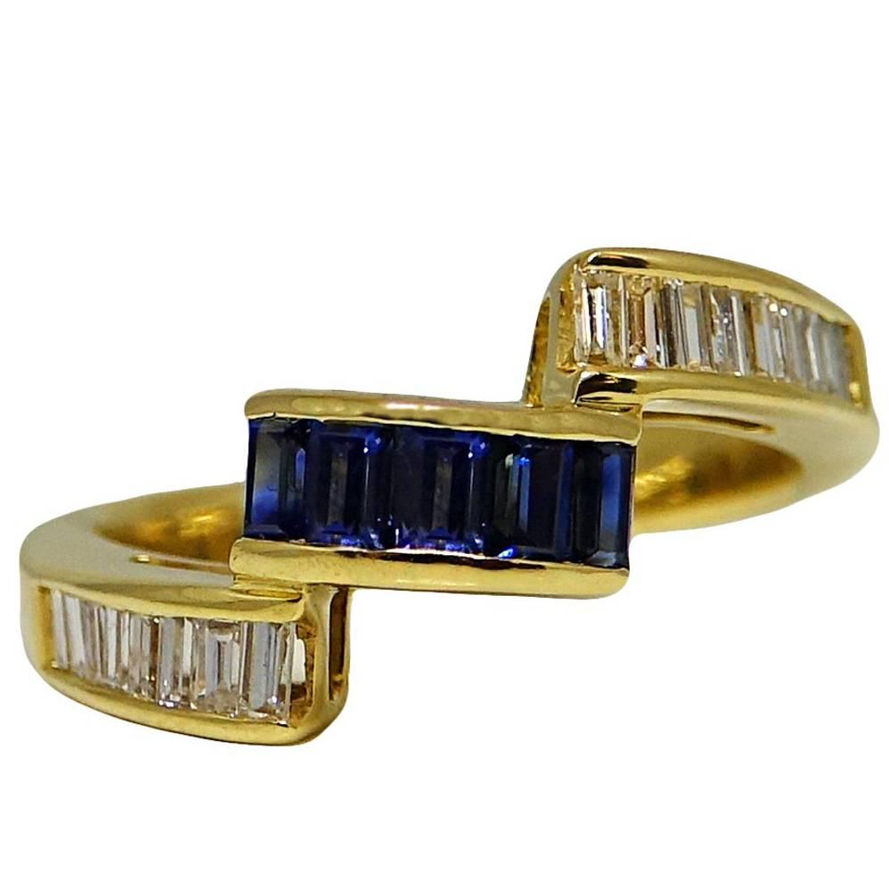 Baguette Sapphires and Diamonds Yellow Gold Ring For Sale