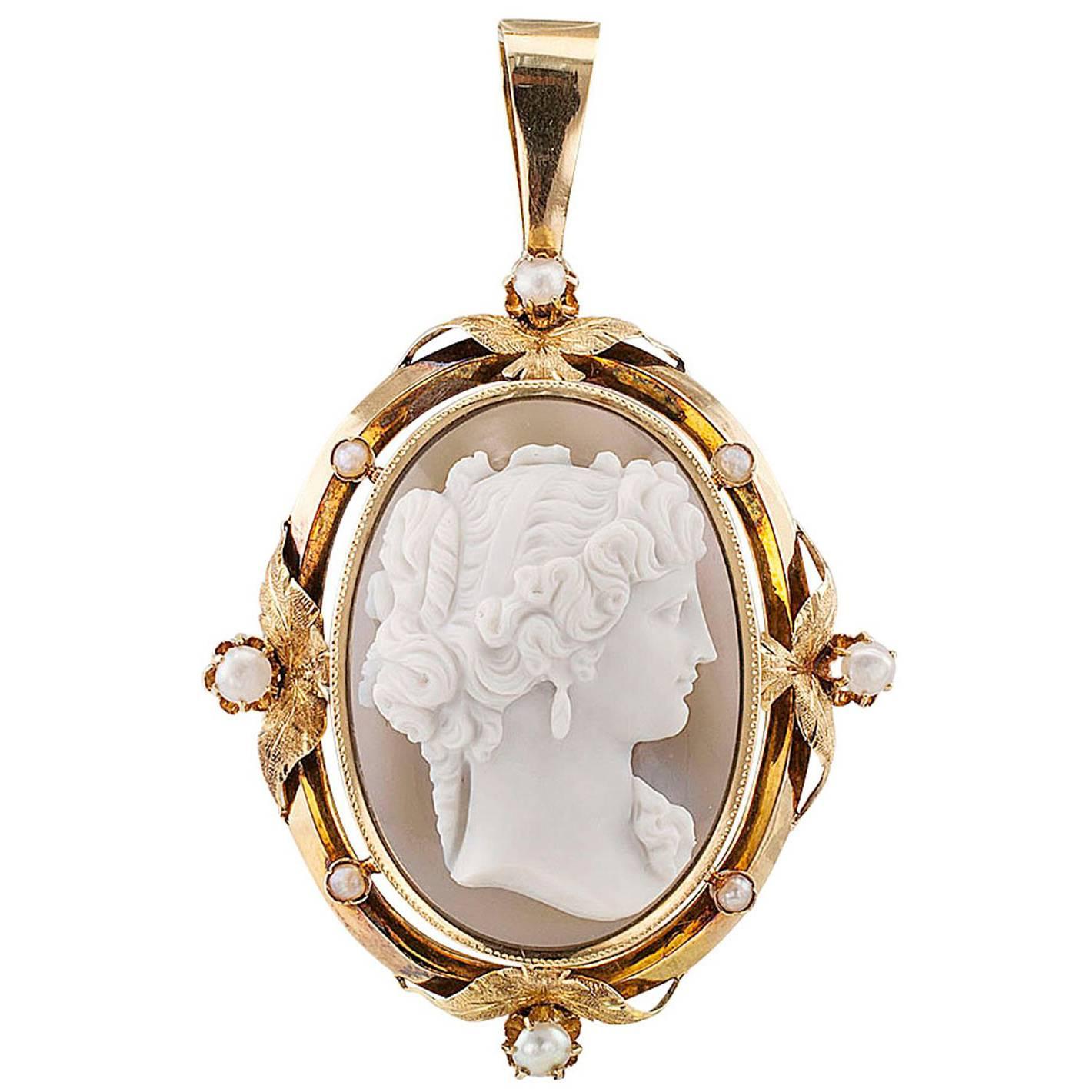 1850s Victorian Hard Stone Cameo Pearl Gold Pendant