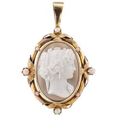 Antique 1850s Victorian Hard Stone Cameo Pearl Gold Pendant