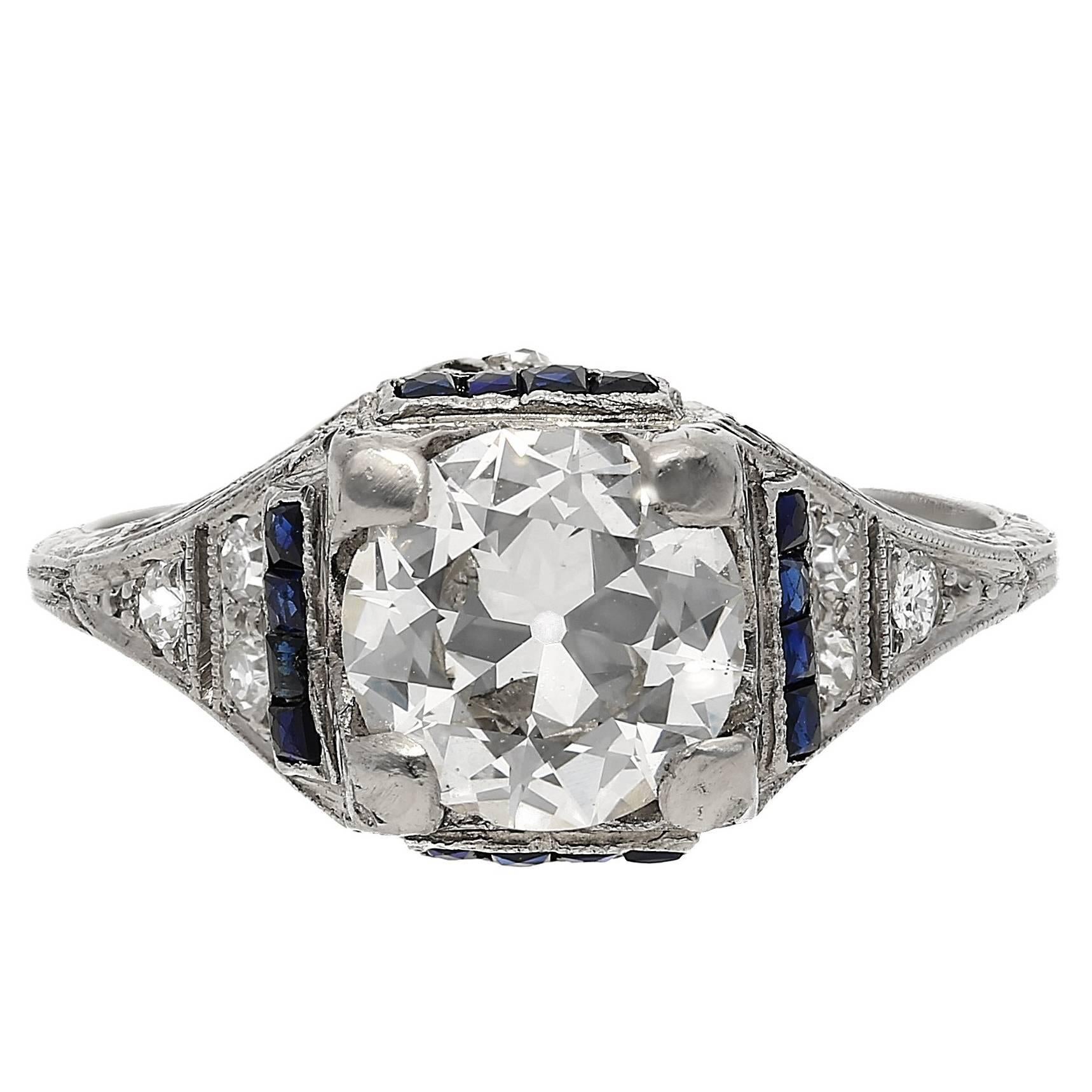 Old European Cut Art Deco Era 1.28 Carat Diamond and Sapphire Ring
