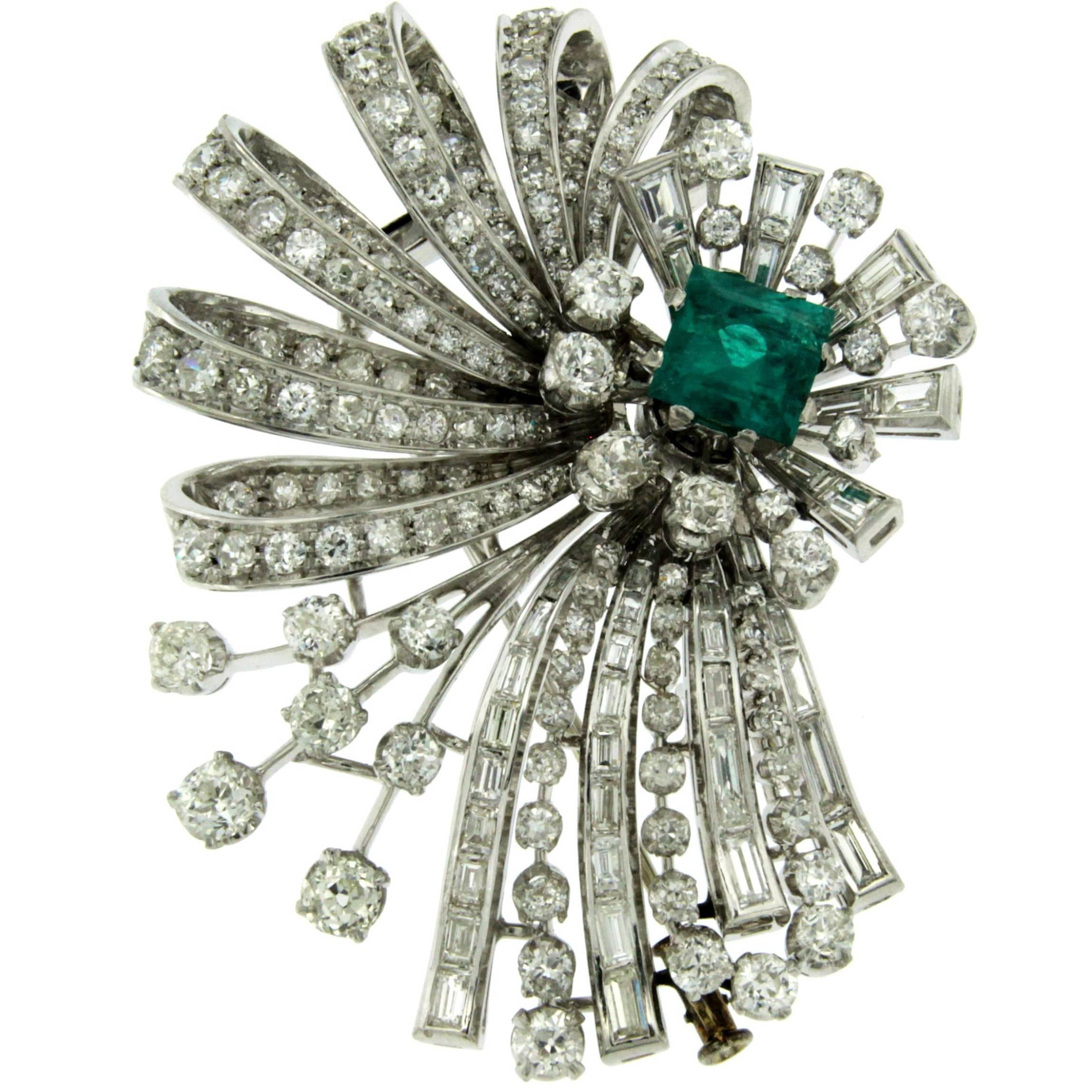 Emerald Diamond Platinum Flower Brooch