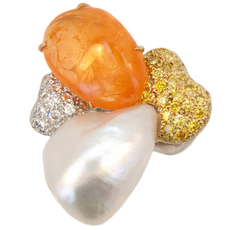 Laura Munder Mandarin Garnet Keshi Pearl White Yellow Diamond White Gold Ring For Sale