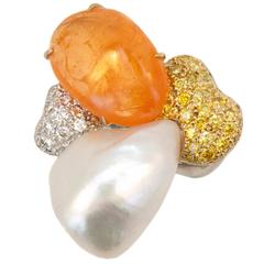 Laura Munder Mandarin Garnet Keshi Pearl White Yellow Diamond White Gold Ring 7