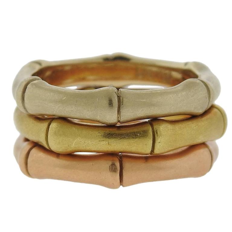 Mish New York Bamboo Tricolor Gold Stackable Ring Set at 1stDibs