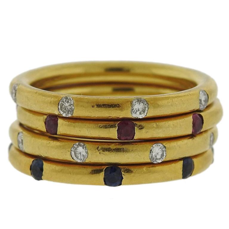 Sapphire Ruby Diamond Gold Stackable Ring Set at 1stDibs