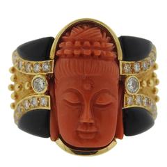 Carved Coral Onyx Diamond Gold Ring Carved Coral Onyx Diamond Gold Ring