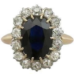 1920s Antique French 2.98 Carat Sapphire and Diamond Yellow Gold Cluster