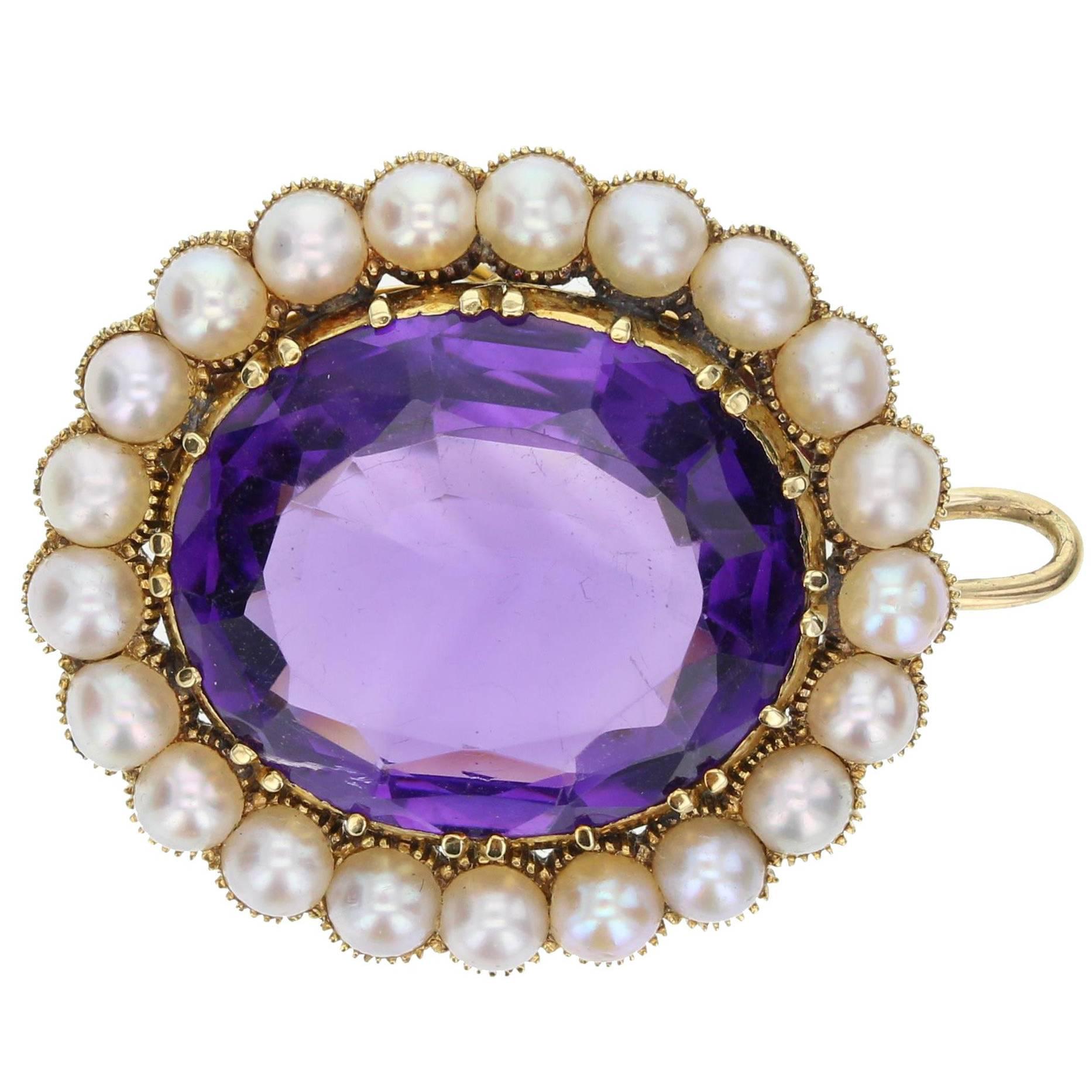 Antique Victorian Amethyst Seed Pearl Brooch Pendant For Sale