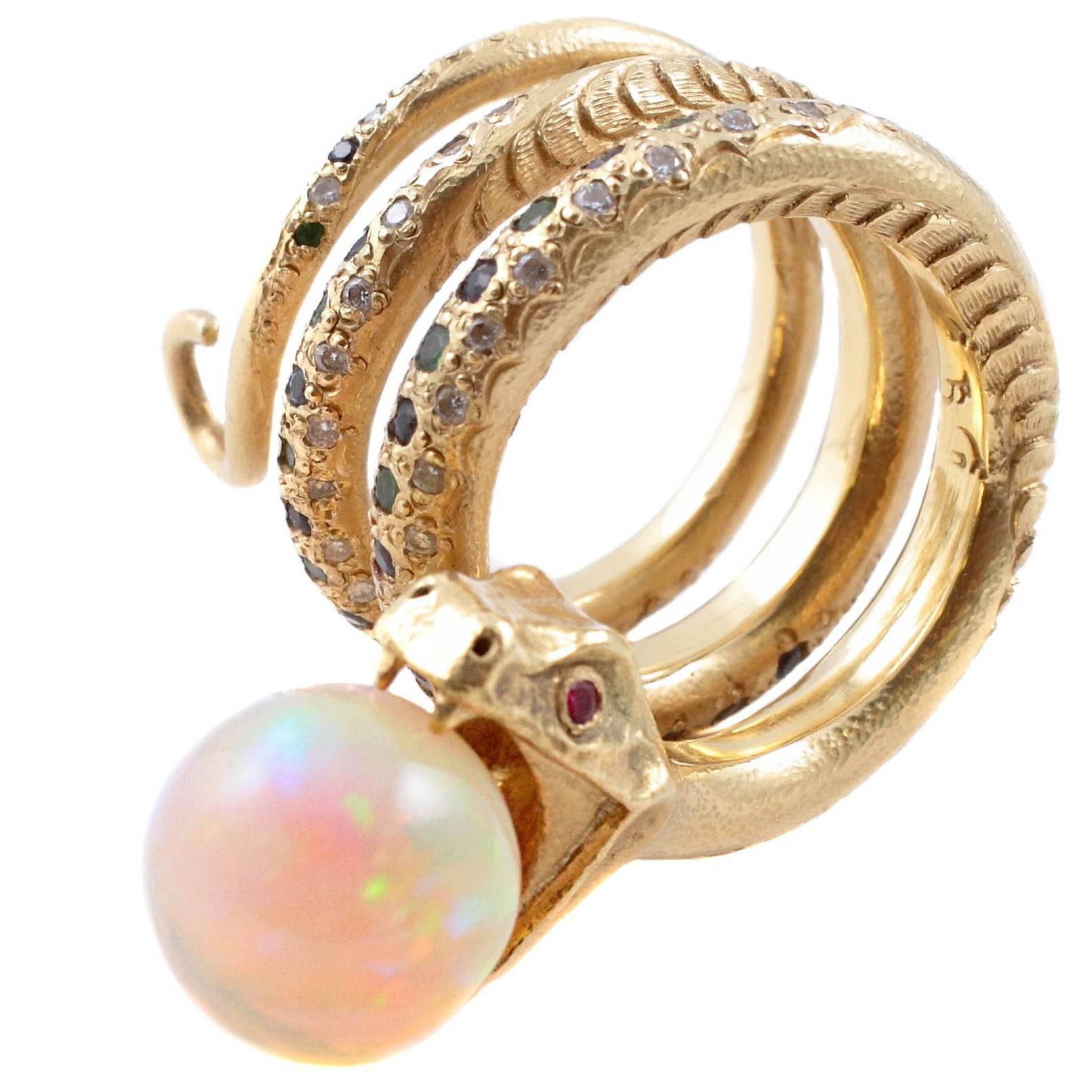 Opal Diamond Emerald Sapphire Ruby Yellow Gold Snake Ring