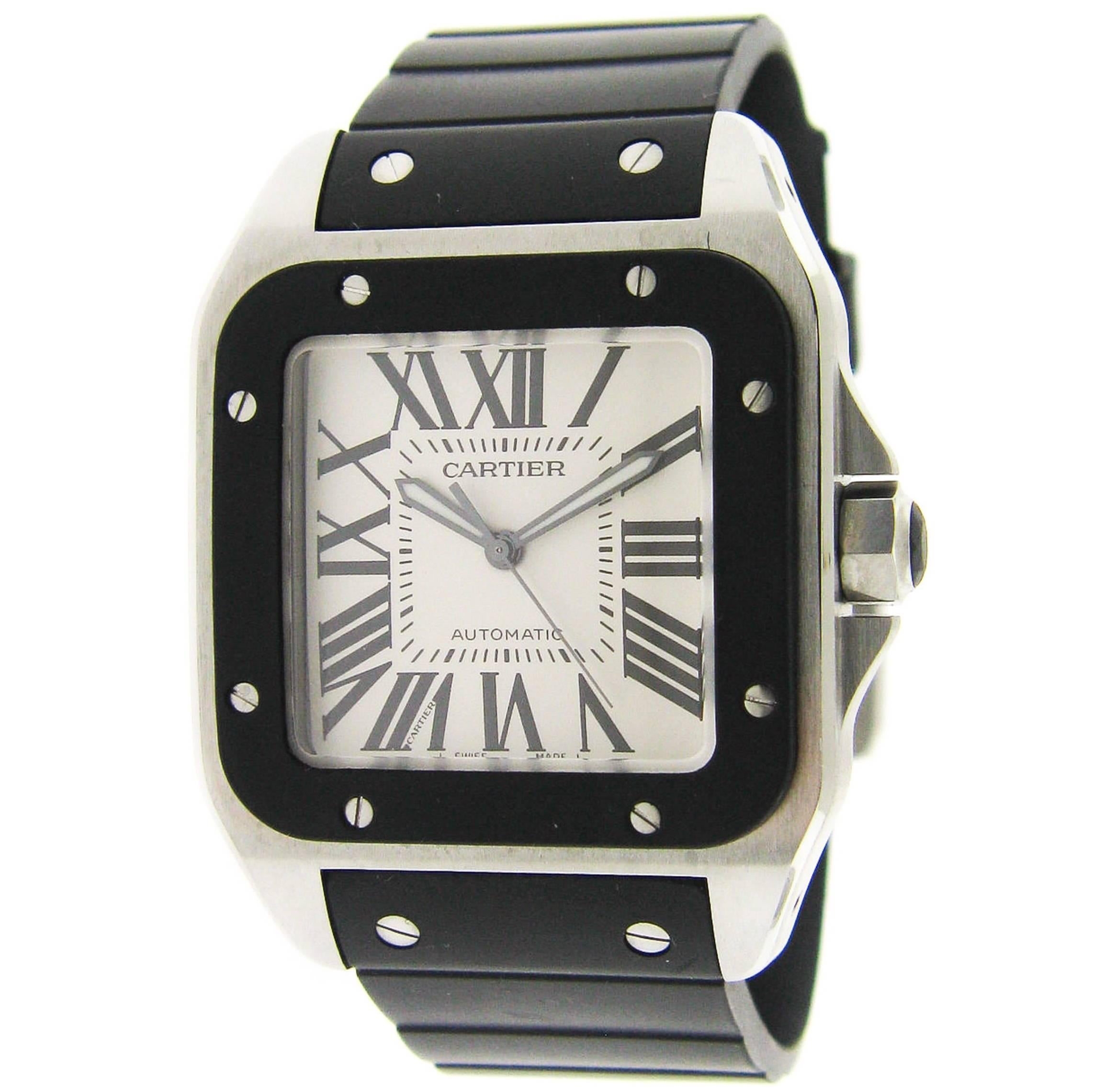 Cartier Stainless Steel Rubber Santos 100 Self-Winding Wristwatch
