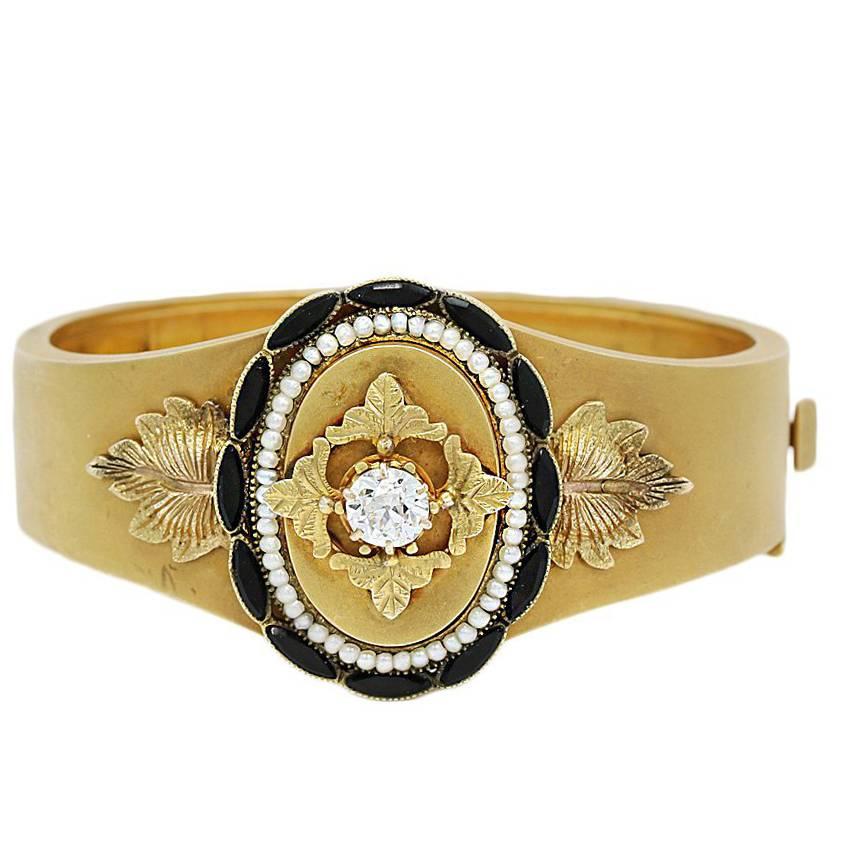 Onyx Seed Pearls Old European Cut Diamond Yellow Gold Bangle Bracelet  For Sale