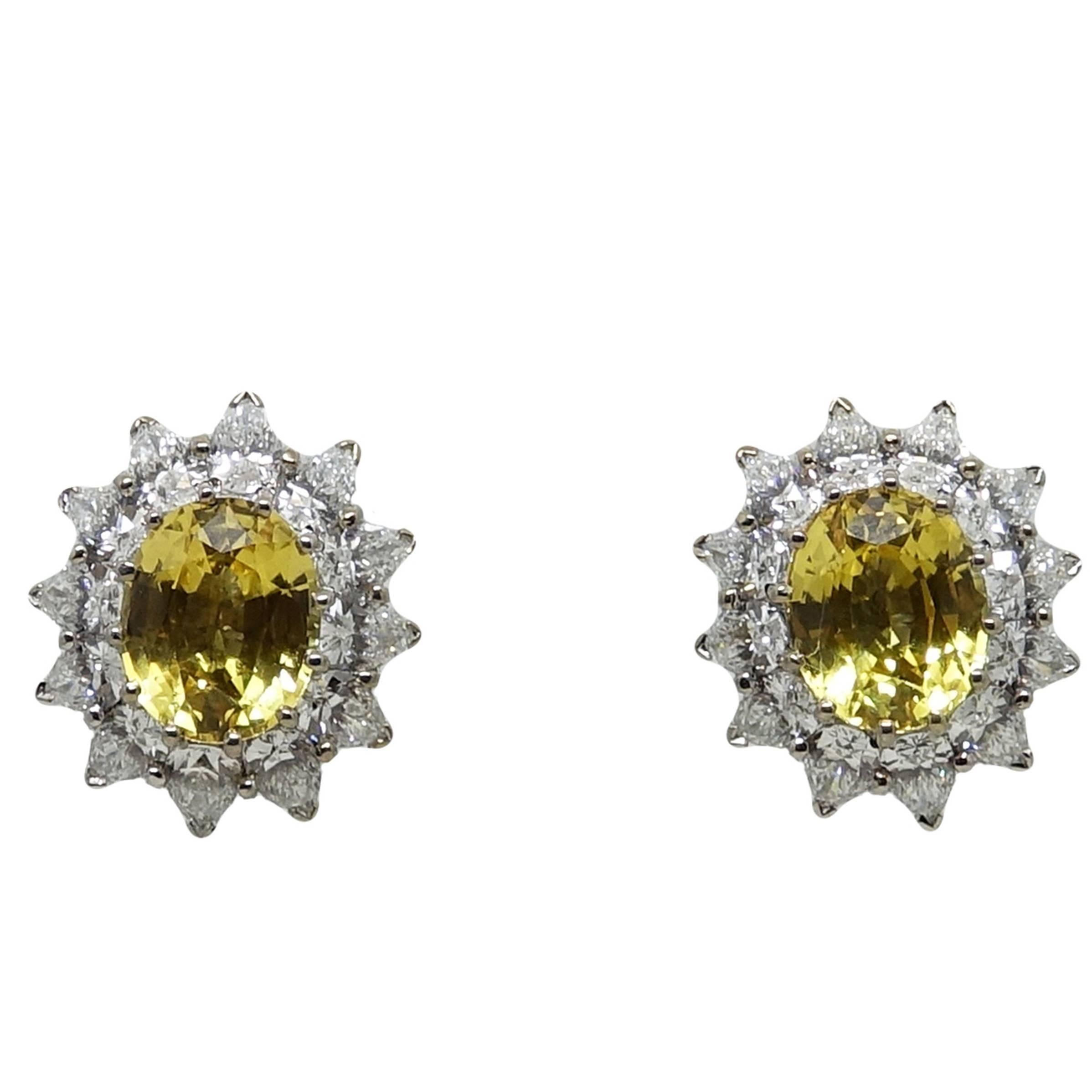 6.75 Carat Yellow Sapphires Diamonds White Gold Earrings For Sale