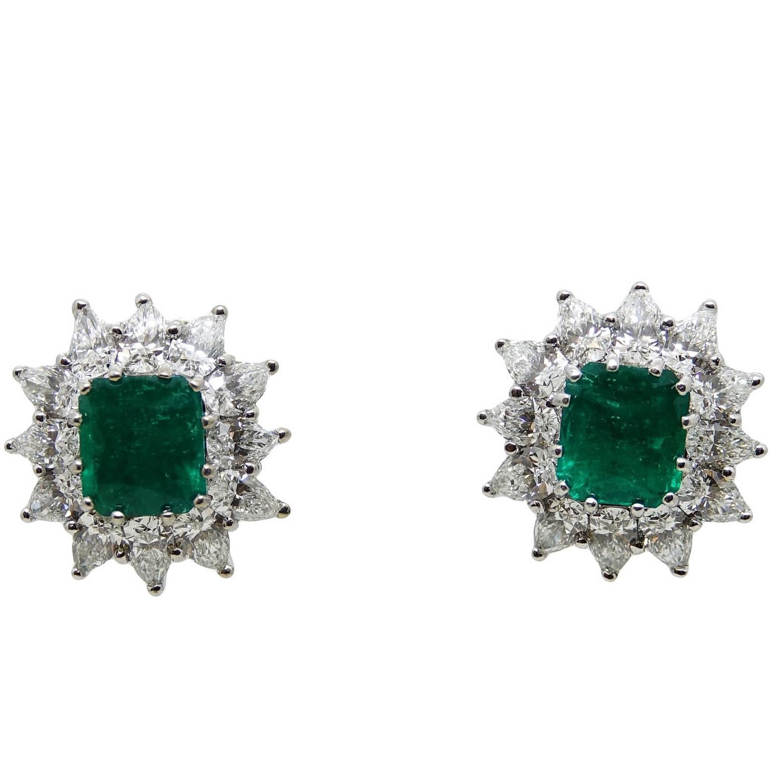 3.34 Carat Colombian Emerald Pear Shaped Diamonds White Gold Earrings For Sale
