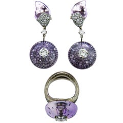 Wallace Chan Cabochon Amethyst Diamond Titanium Ring and Earrings Set