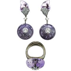 Wallace Chan Cabochon Amethyst Diamond Titanium Ring and Earrings Set 7
