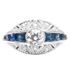 Diamond French Cut Sapphire Gold Engagement Ring 6