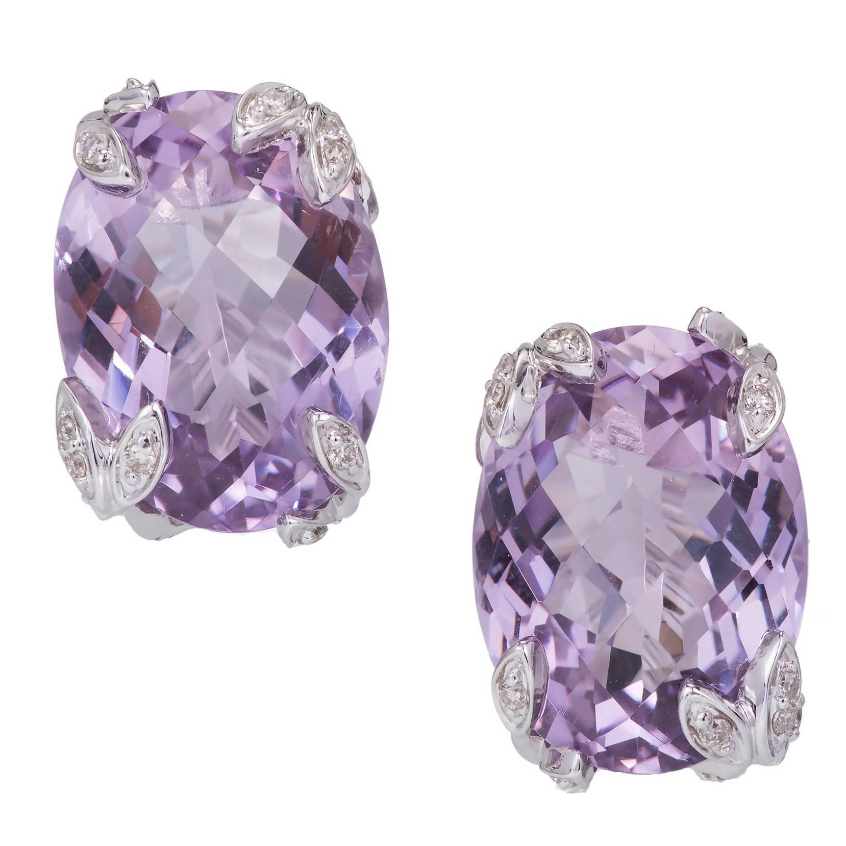 Purple Oval Amethyst Diamond Gold Earrings