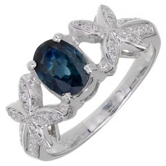 1.00 Carat Blue Sapphire Diamond White Gold X Design Engagement Ring
