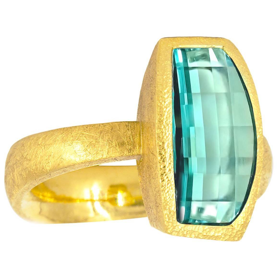 Devta Doolan One of a Kind Blue Green Tourmaline Gold Vertical Grid Ring