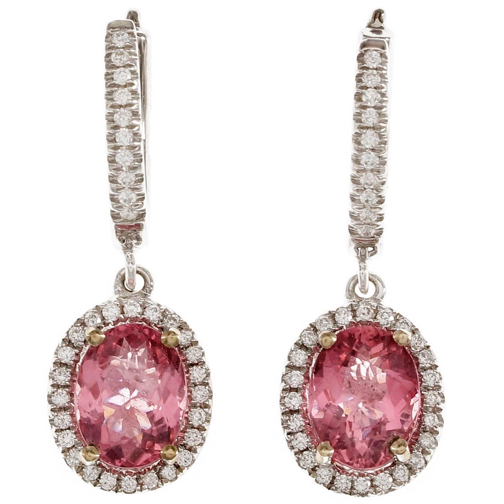 GIA Certified Pink Tourmaline Diamond Halo Gold Dangle Earrings