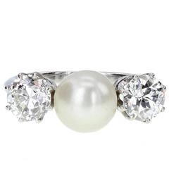 Antique Pearl Old Cut Diamond Three Stone Ring