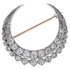 Antique Edwardian Old Cut Diamond Gold Crescent Brooch 7