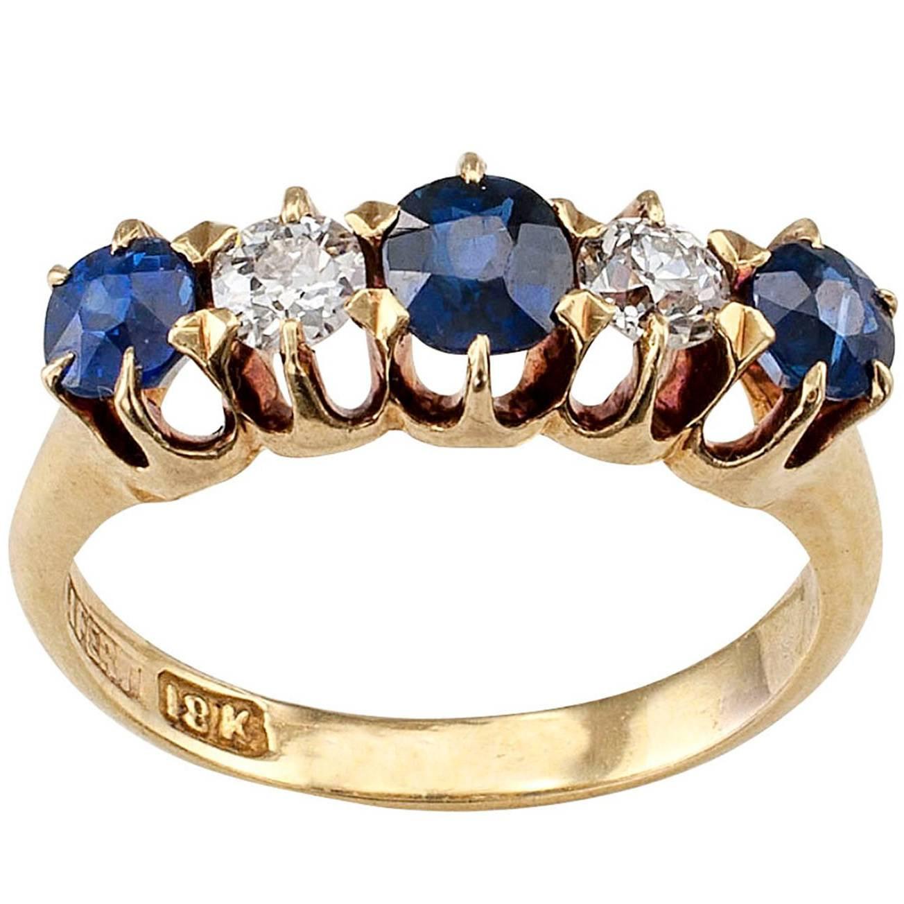 G. Seifert Victorian Diamond Sapphire Five-Stone Gold Ring Band