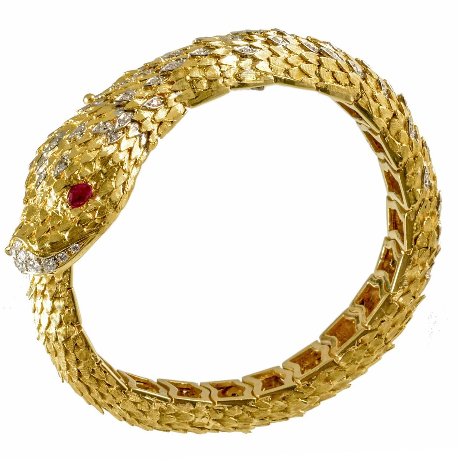 18 Carat Gold Diamond Italian Snake Bracelet, circa 1980
