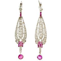 Diamond and Natural Ruby Platinum Set Drop Earrings, circa 1910-1920