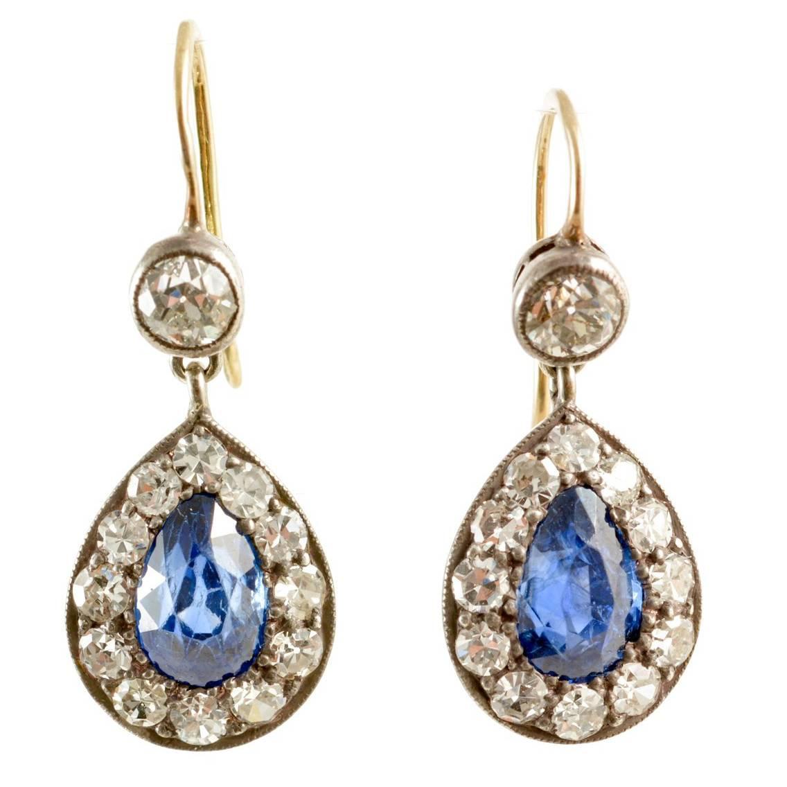 Sapphire and Diamond Drop Edwardian Earrings, 1910 For Sale