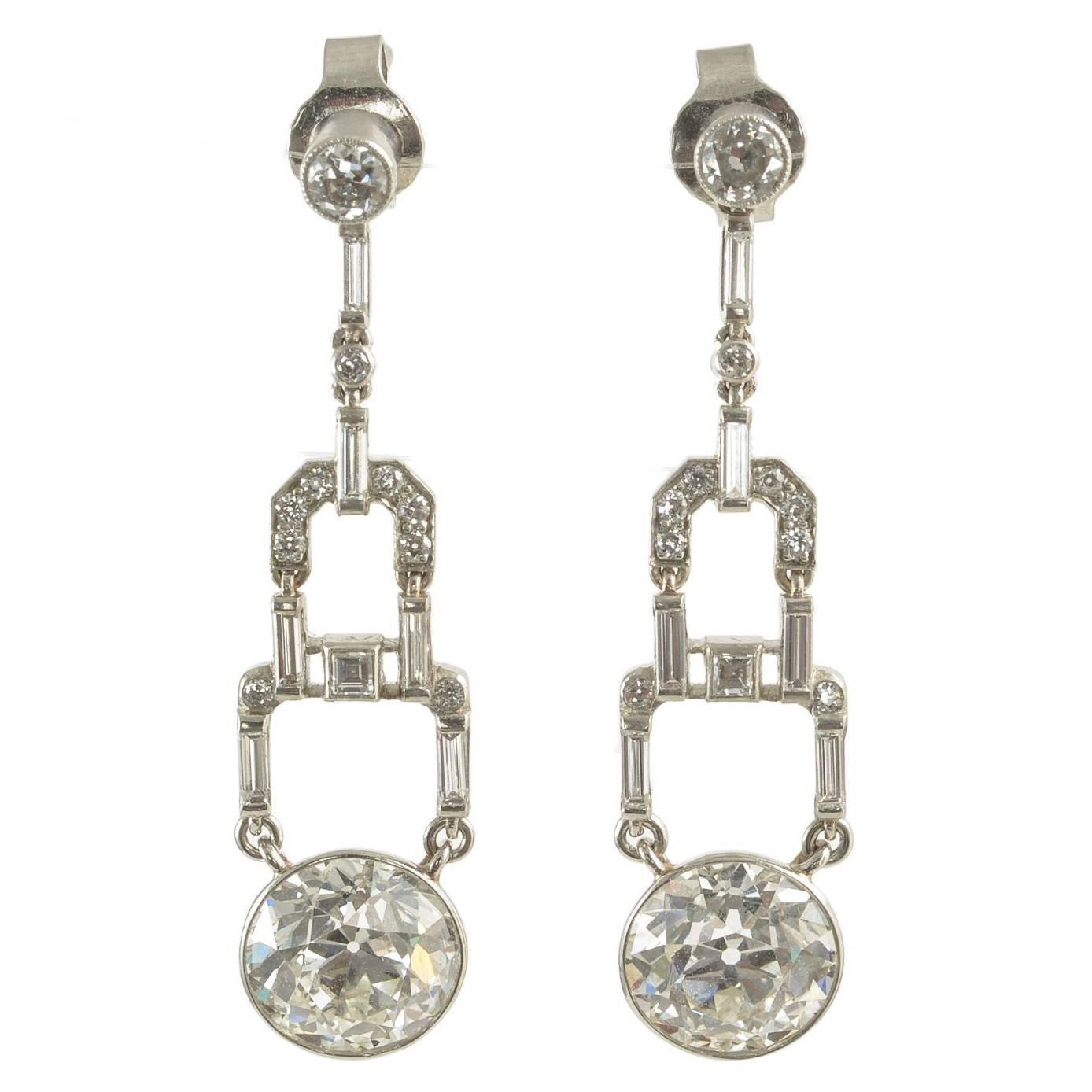 Art Deco Diamond Drop Earrings Approximately 2 Carat Each Drop For Sale