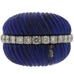 1960s Carved Lapis Diamond Gold Dome Ring
