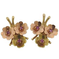 Classic Antique Gold Ruby Flower Earrings