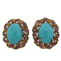 Large 1960s Gold Turquoise Diamond Ruby Earrings