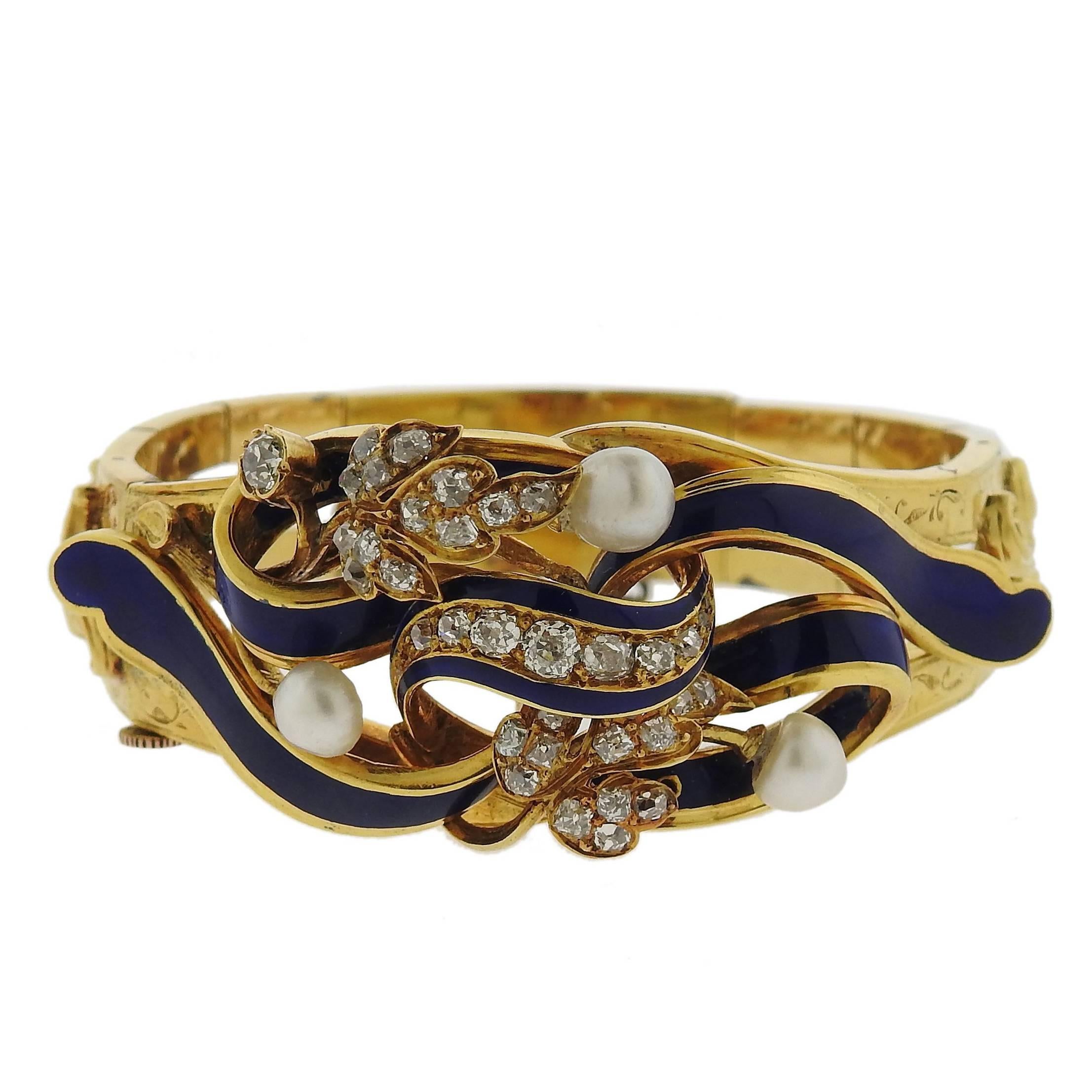 Early Victorian French Pearl Enamel Diamond Gold Bracelet