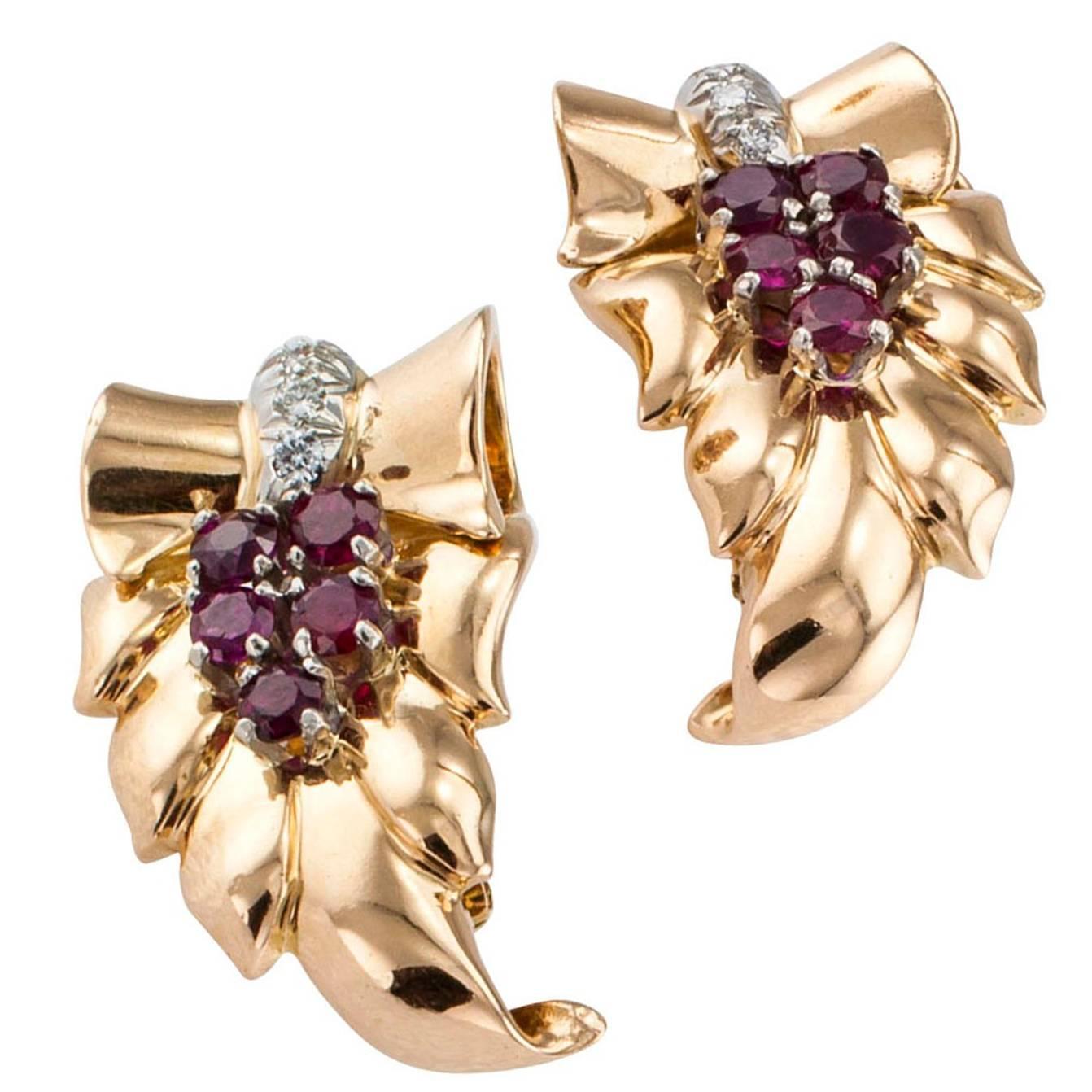 Tiffany & Co. Ruby Diamond Gold Acanthus Leaves Retro Ear Clips