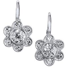 1.06 Carat Diamond White Gold Flower Hinged-Back Flower Earrings