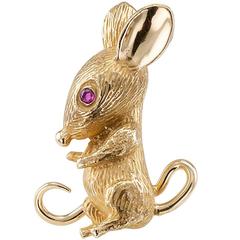 1960s Mouse Brooch Ruby Gold