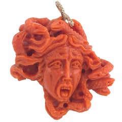 Antique 1870s Carved Corallium Rubrum Pendant of Medusa