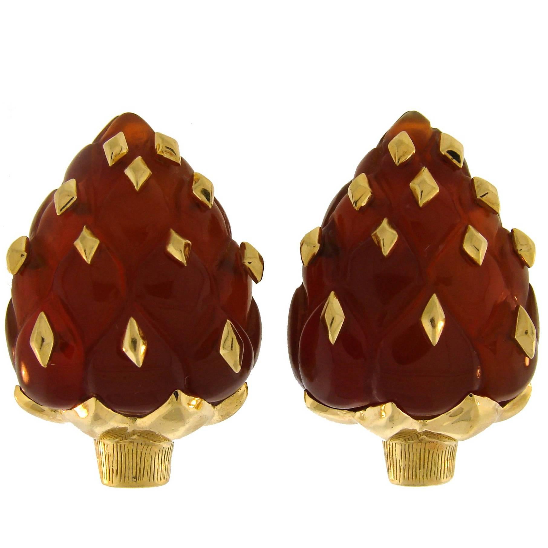 Seaman Schepps Carnelian Yellow Gold Artichoke Earrings