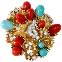 Tiffany & Co. Coral Turquoise Diamond Gold Brooch 4