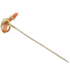 1890s Antique Victorian Diamond and Coral Yellow Gold Snake Pin Brooch 6