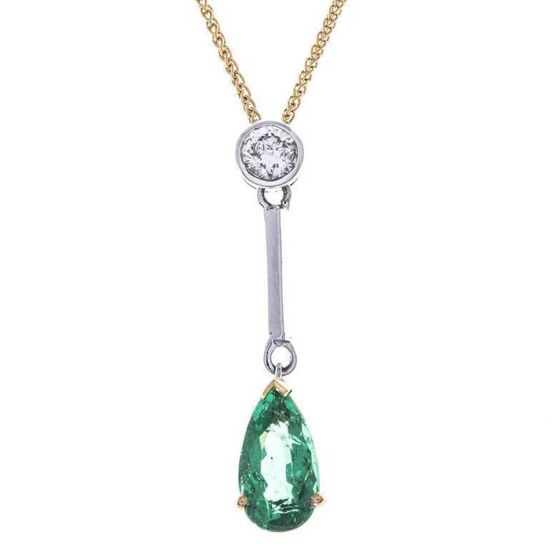 18 Carat Yellow and White Gold 1.49 Carat Emerald and Diamond Drop Necklace For Sale
