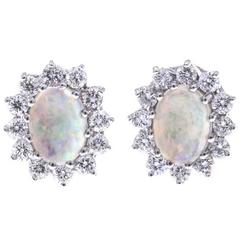 0.88 Carat Opal Diamond Gold Oval Halo Stud Earrings 12