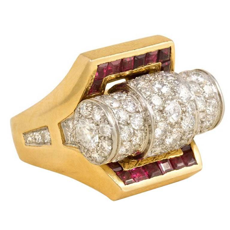 French Retro Gold, Pavé Diamond, and Calibré Ruby Architectural Ring For Sale