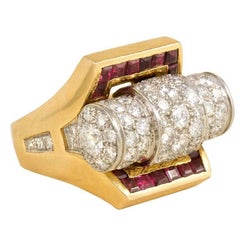 French Retro Gold, Pavé Diamond, and Calibré Ruby Ring