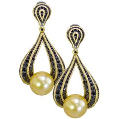 Golden South Sea Pearl Black Diamonds Yellow Gold Limited Edition Drop Earrings 4