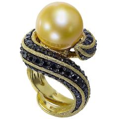 Golden South Sea Pearl Black Diamonds Yellow Gold Ring, Limited Edition 11