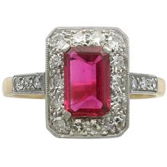 Antique Synthetic Ruby and 0.78 Carat Diamond 18 Karat Yellow Gold Cocktail Ring 7
